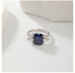 "Fashionable Personality Square Ring, S925 Silver Plated with 18K Gold, European and American Retro Simulated Sapphire Engagement Ring." Main Stone:9*11mm. Main Stone Material: Cultivated Sapphire. Secondary Stone Material:5A Zircon